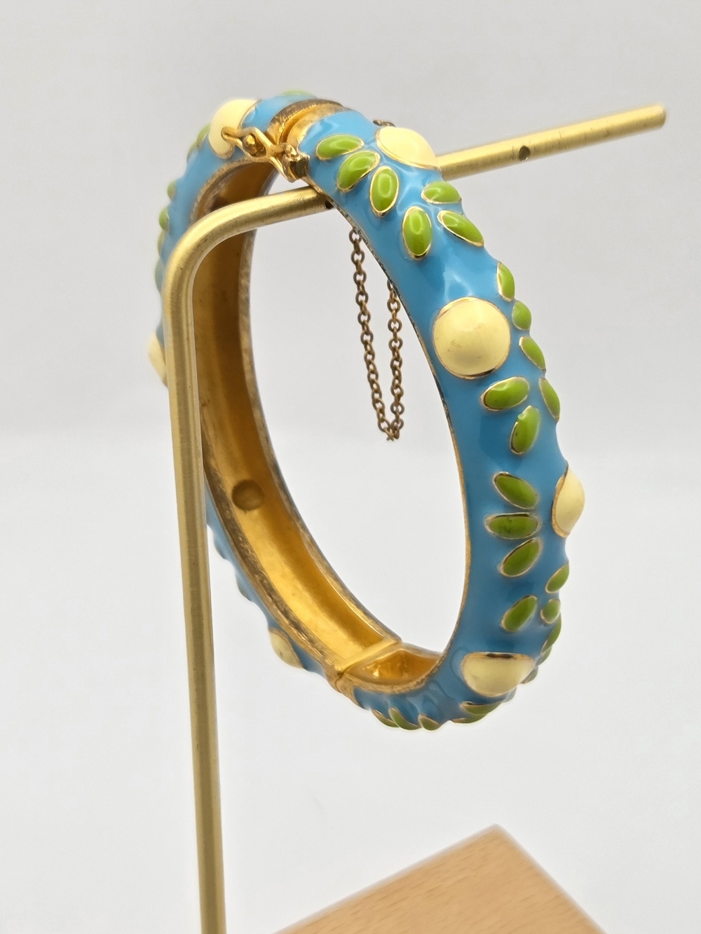 Vintage Turquoise Blue Enamel Hinged Bangle Bracelet Safety Chain Floral Accent